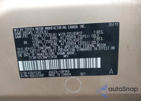 2011 Toyota Rav4 from USA, damaged, VIN 2T3BF4DV3BW113458
